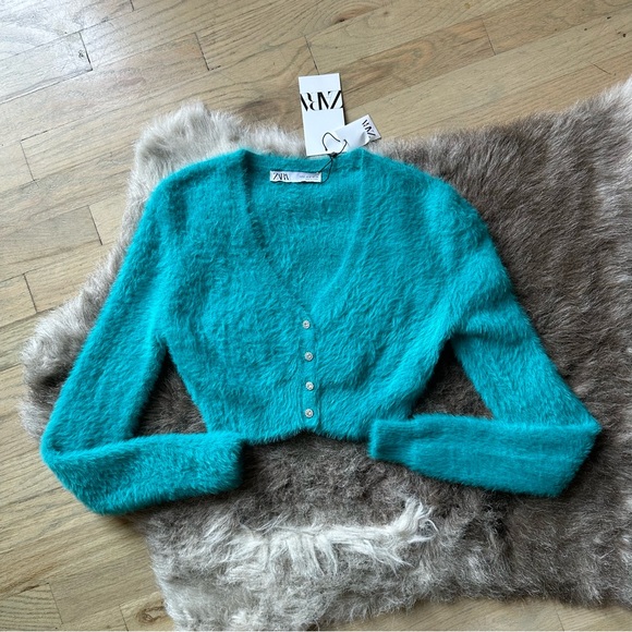 Zara Tops - Zara Fuzzy Knit Cardigan w/ Rhinestone Buttons - Teal - Size Small - NWT